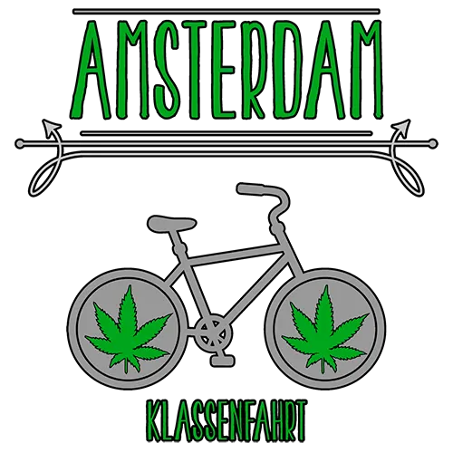 Grafik eines grauen Shirts mit "Amsterdam" Text, Fahrrad und Cannabisblättern, Schriftzug "Klassenfahrt" unten.