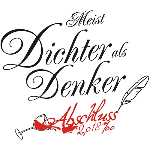 Weißer Hintergrund mit Text "Meist Dichter als Denker. Abschluss 2018" und einer roten Feder neben einer liegenden Weinflasche.