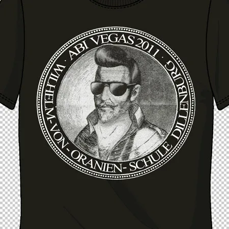 Dunkelgrünes T-Shirt mit einem runden, weißen Aufdruck eines stilisierten Männerporträts mit Sonnenbrille und Schriftzug 'ABI VEGAS 2011 ORANIEN-SCHULE DILLENBURG'.