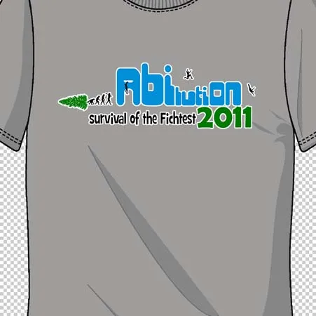 Graues T-Shirt mit blauem "Abiwution Survival of the fittest 2011" Logo und Grafiken.
