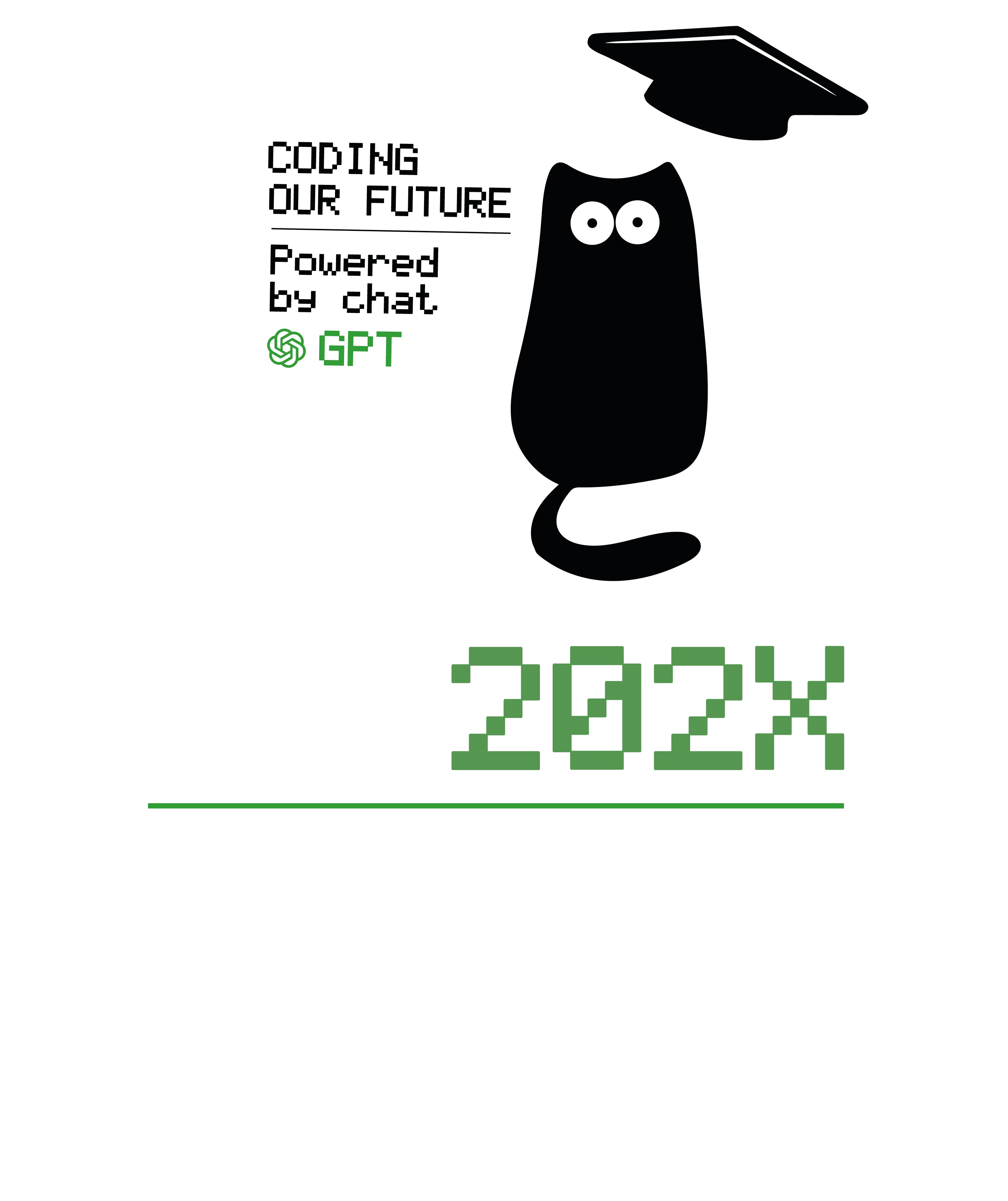 Schwarze Katze sitzt auf Laptoptastatur vor Bildschirm mit Text Coding Our Future Powered by chat GPT Schriftzug ABI 202X und Namensliste