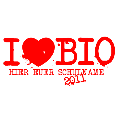 Rotes Herz, BIO Text und "Hier Euer Schulname 2011" auf grauem Hintergrund.