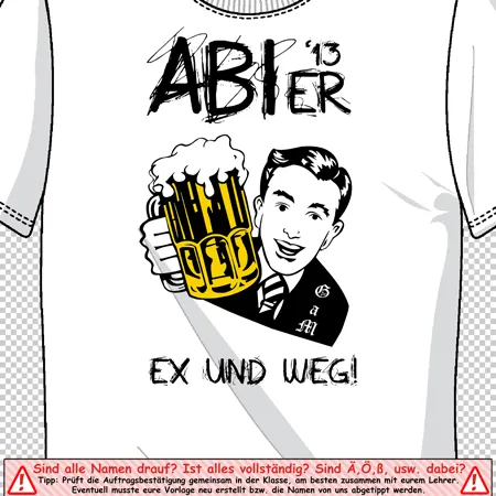 Illustration eines lächelnden Mannes in Anzug, der ein Bierkrug hält, auf einem T-Shirt.