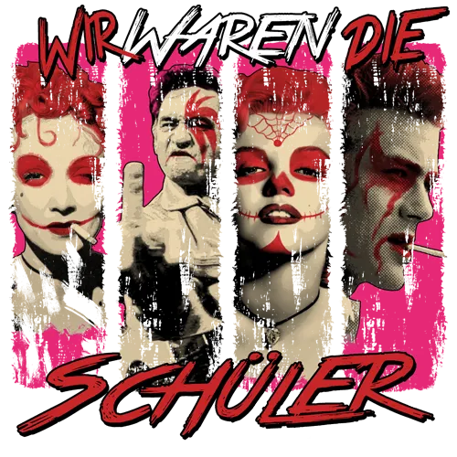 Vier stilisierte Porträts in einer vertikalen Reihe auf grünem Hintergrund mit pinkem Text "Wir waren die Schüler".