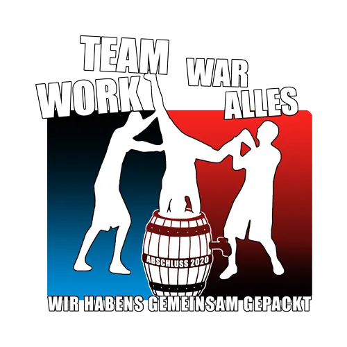 Zwei Silhouetten, die eine Weltkugel hochhalten auf geteiltem rot-blauen Hintergrund, "Teamwork War Alles, Wir Habens Gemeinsam Gepackt" Text