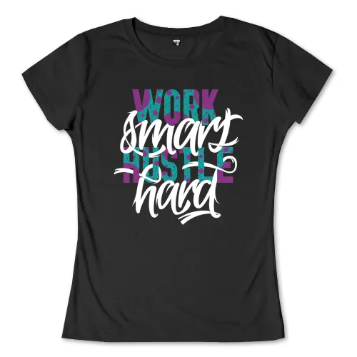 Grafik mit den Wörtern "WORK HUSTLE" in bunten, gemusterten Buchstaben.
