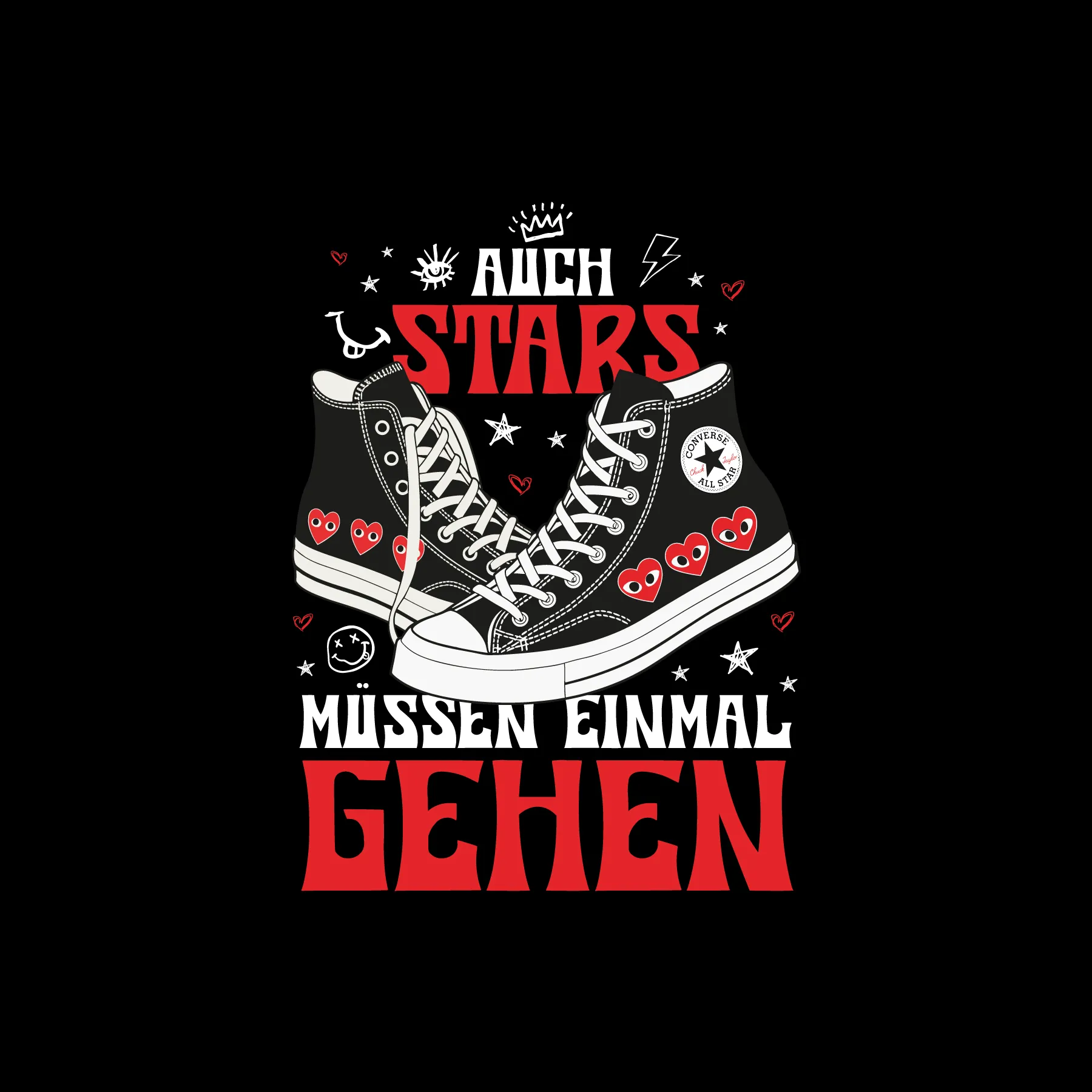 Pair of black high top sneakers with white laces and red heart motifs below text Auch Stars mussen einmal gehen and doodles of stars hearts