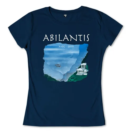 Darstellung einer Insel mit Flugzeug und Tempel auf blauem Hintergrund mit der Aufschrift "Abilantis MSC 2019".