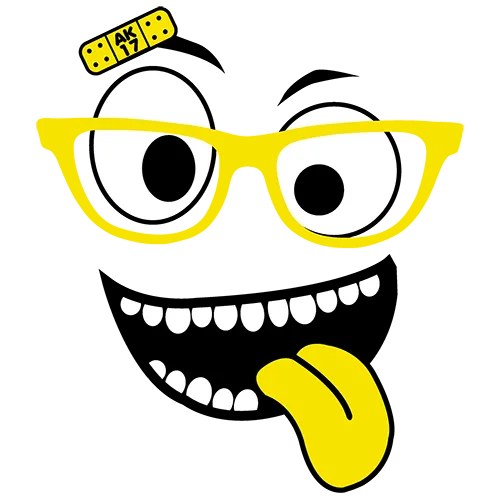 Cartoon-Gesicht mit großen Augen, gelber Brille und Pflaster auf blauem Hintergrund.