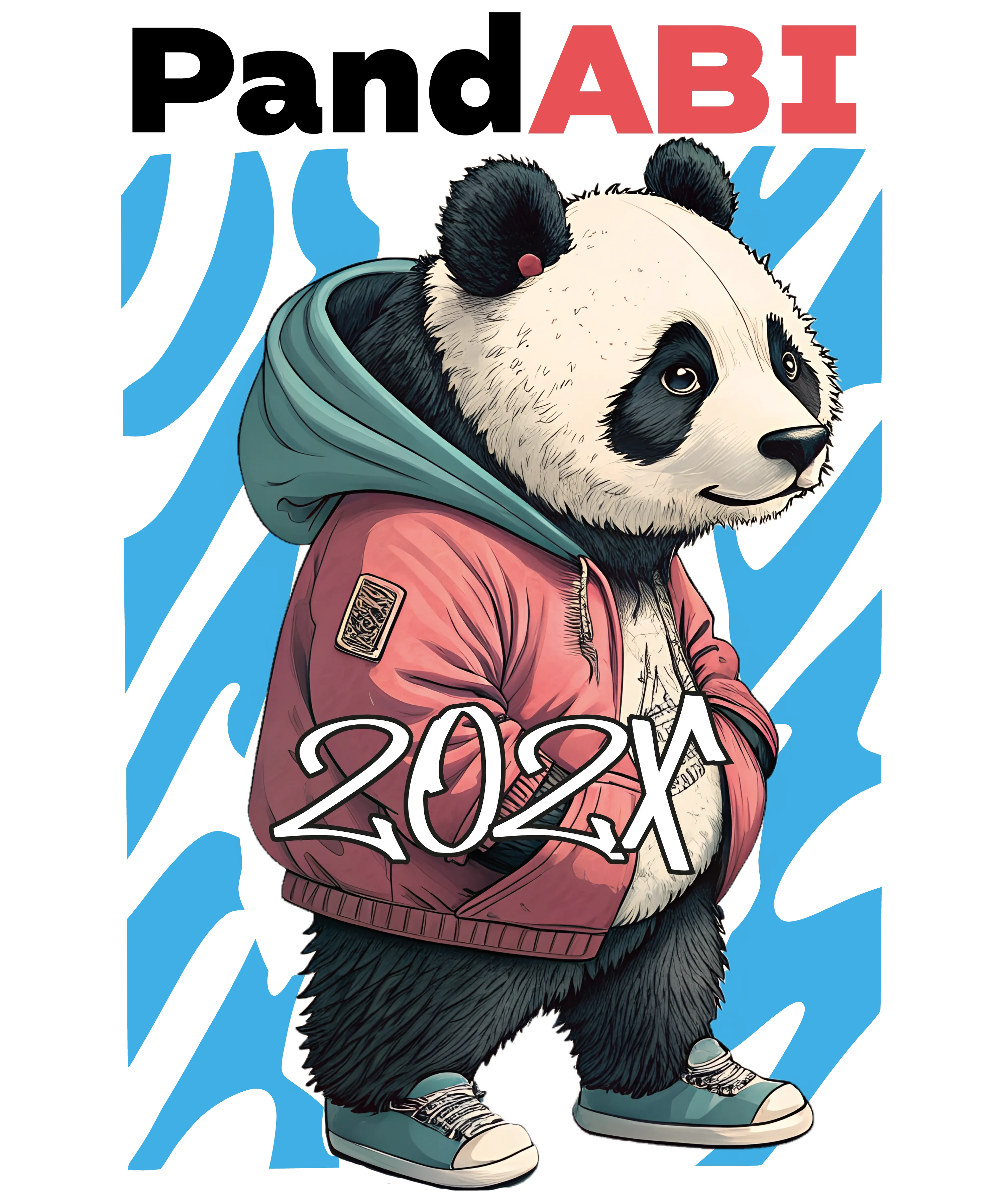 Cartoon panda in red hooded jacket and teal sneakers standing on hind legs before a blue and black patterned background with text ABI and 202X