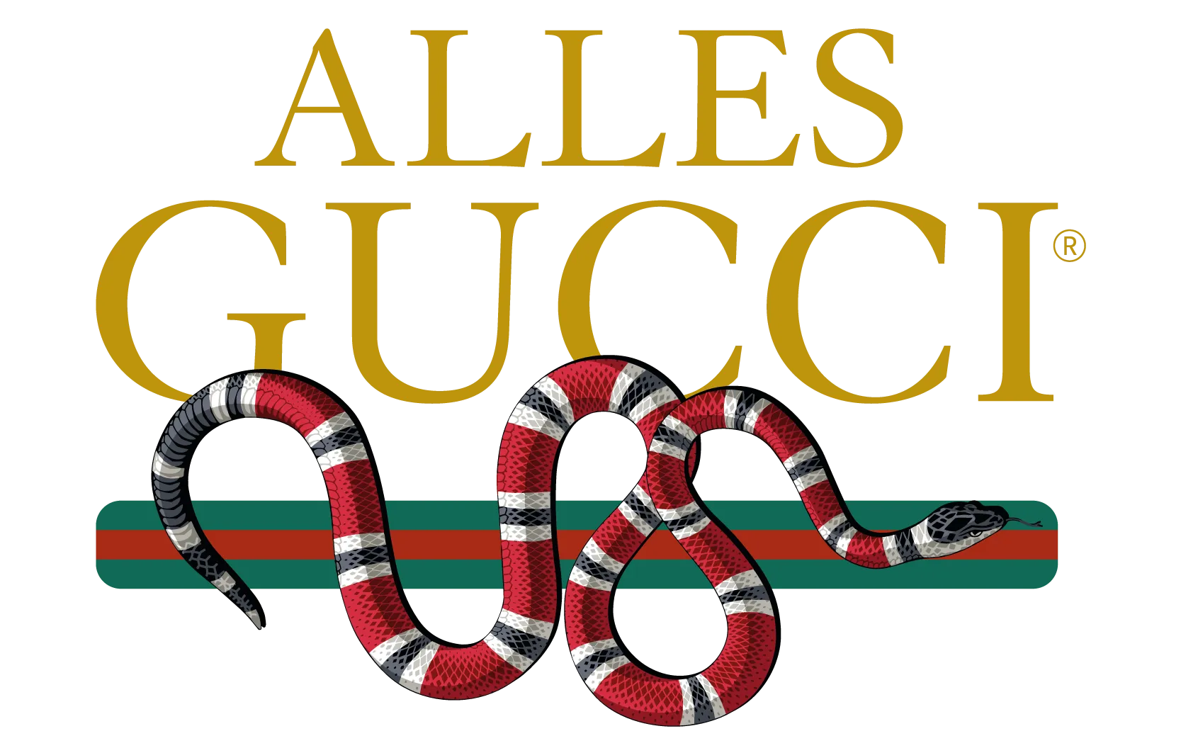 Goldener Schriftzug ALLES GUCCI ueber gruen rotem Querstreifen mit rot weiss schwarz gestreifter Schlange auf schwarzem Grund