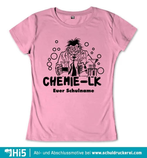 Comicstil-Illustration eines verrückten Wissenschaftlers mit Reagenzgläsern auf einem pinken Shirt. Text: "Chemie-LK, Euer Schulname".