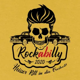 Schwarzes Weiß-Design eines Schädels mit Rockabilly-Frisur, zwei Autos im Hintergrund und dem Schriftzug "Rockabilly 2020 Heisser Ritt in die Freiheit".