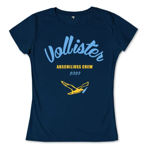 Dunkelblaues Shirt-Design mit "Vollister Abschluss Crew 2020" Text und gelbem Vogel-Logo.