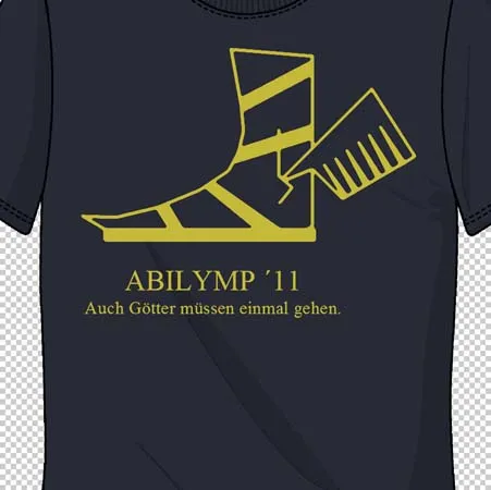 Schwarzes T-Shirt mit goldenem Design einer Sandale und Harke, Text "ABILYMP '11 - Auch Götter müssen einmal gehen."