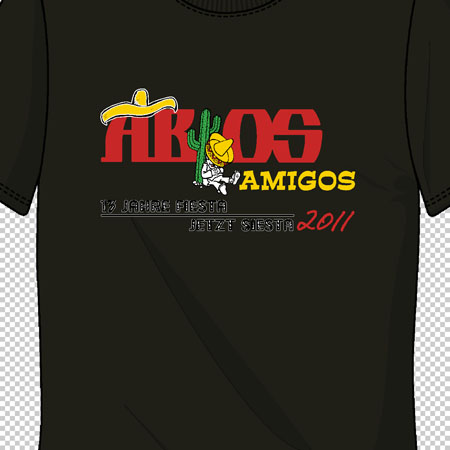 Schwarzes T-Shirt mit "Atikos Amigos" Logo und gelber Banane auf rotem Hintergrund.