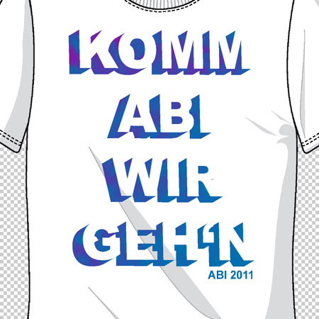 Weißes T-Shirt mit dem Text "KOMM ABI WIR GEHEN ABI 2011" in blauen und lila Buchstaben.