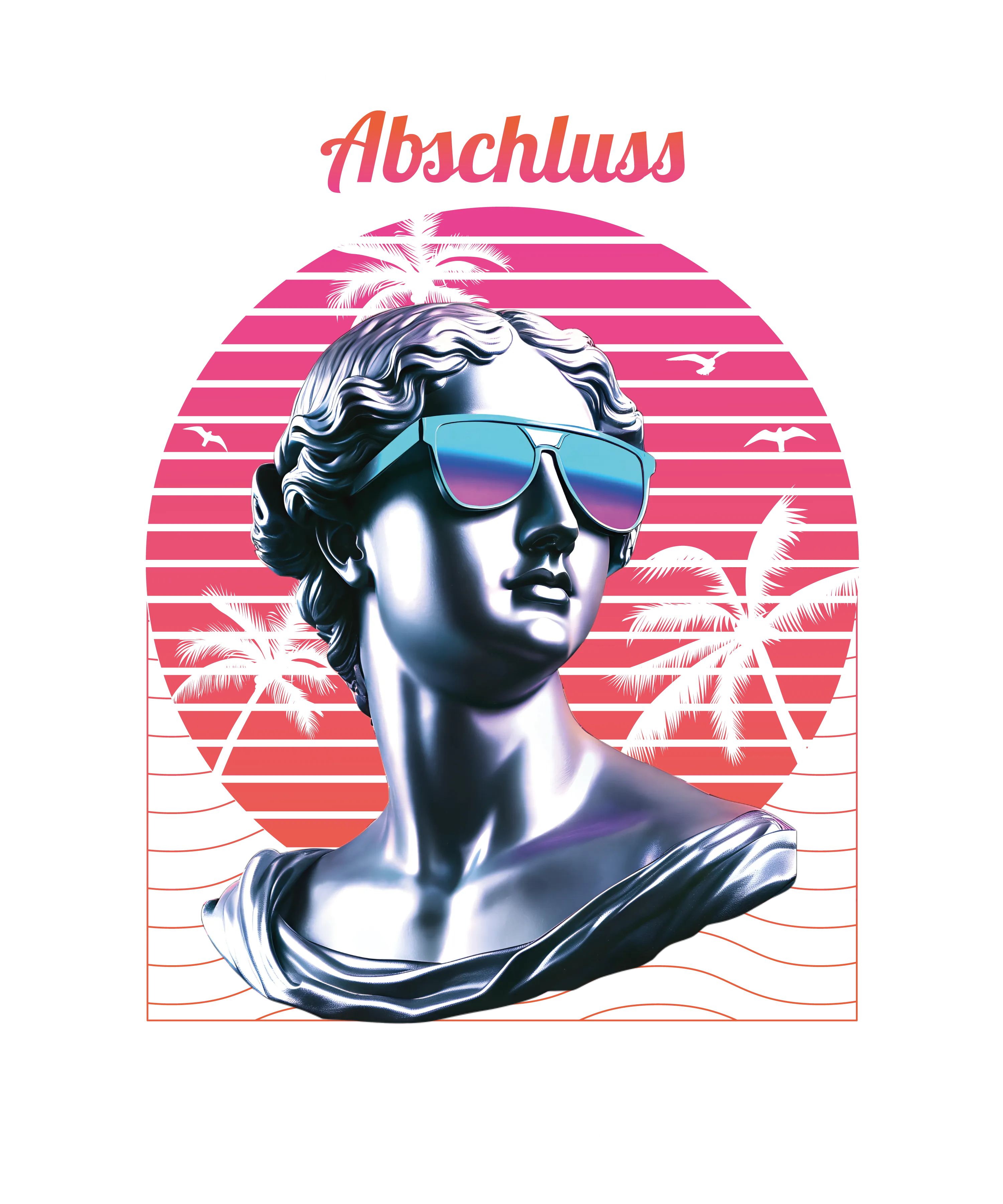 Classical bust wearing mirrored sunglasses in front of pink striped sun with palm tree silhouettes and birds