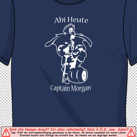 Blau T-Shirt mit einem weißen Aufdruck von Captain Morgan und dem Text 'Abi Heute' und 'Captain Morgan'.