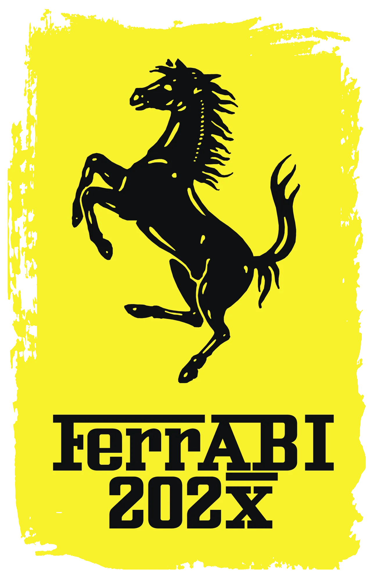 Schwarze Silhouette eines steigenden Pferdes auf gelbem unregelmaessig begrenztem Hintergrund mit Text FerrABI 202x darunter