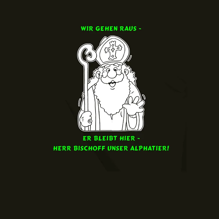 cartoon_bischof_mit_stab Wir gehen raus - er bleibt hier - Herr Bischoff unser Alphatier design