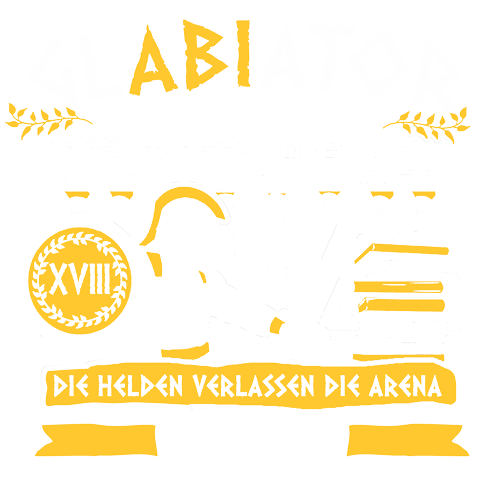 Graues T-Shirt mit weiß-gelbem Gladiator-Design, Text "GLADIATOR LIVE" und "Die Helden verlassen die Arena".