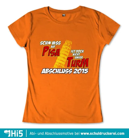 Orangefarbener Hintergrund mit Text und einer geneigten Turmillustration, Text bezieht sich auf Schulabschluss 2015.
