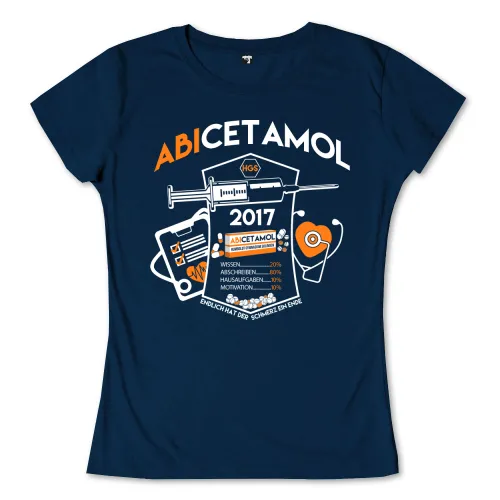 Grafischer Druck auf dunkelblauem T-Shirt mit Text "ABICETAMOL 2017", Spritze, Pillen, Kerze, Notizblock und Diagramm.