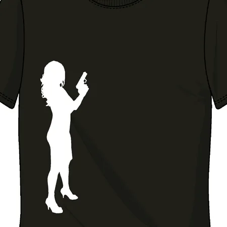Schwarzes T-Shirt mit weißer Silhouette einer stehenden Frau, die ein Smartphone hält.
