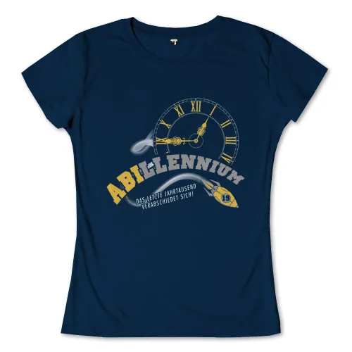 Grafik eines Abschluss-T-Shirts mit Uhrmotiv, Beschriftung "ABI-MILLENNIUM" und Satz "Das letzte Jahrtausend verabschiedet sich!".