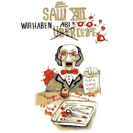Illustration eines Charakters im Stil von Jigsaw mit einem Blumentöpfchen, der ein Schild hält und vor einem blutverschmierten Hintergrund steht.
