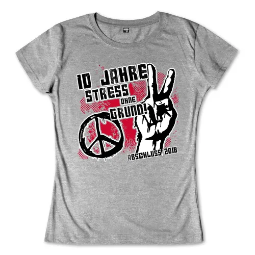 Hand zeigt Peace-Zeichen auf grauem Hintergrund mit Text "10 Jahre Stress ohne Grund!" und Datum 2018.