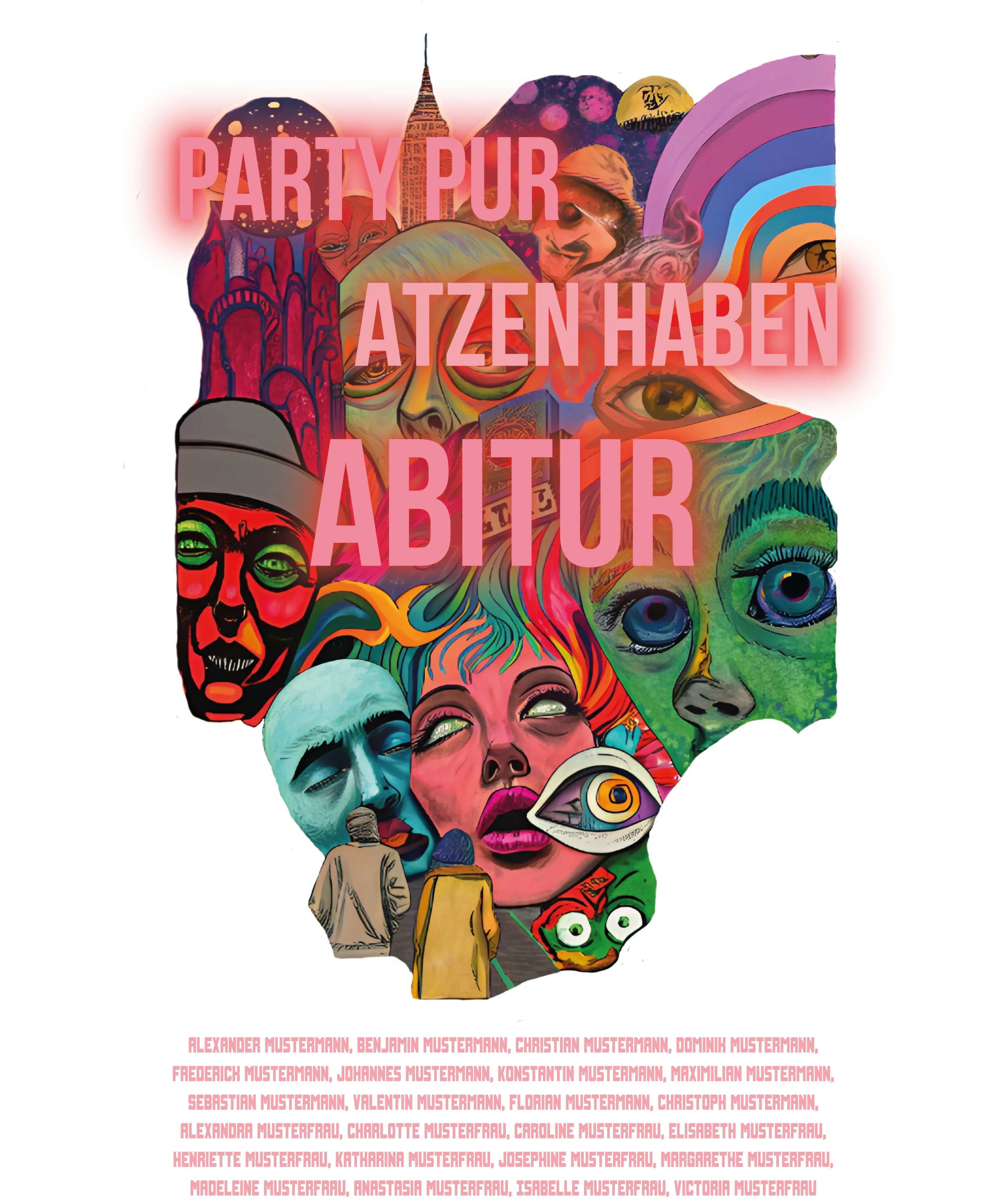 Collage aus bunten surrealen Gesichtern vor roten Flachen mit Text Party pur Atzen haben Abitur und Liste von Namen unten
