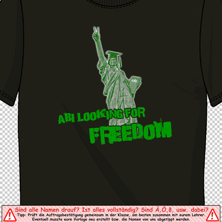 Schwarzes T-Shirt mit grünem Aufdruck, der eine Grafik eines Absolventen und den Text "ABI LOOKING FOR FREEDOM" zeigt.