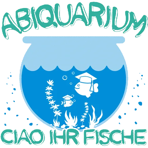 Illustration eines Aquariums mit zwei Fischen in Doktorhüten und dem Text "Ciao ihr Fische".