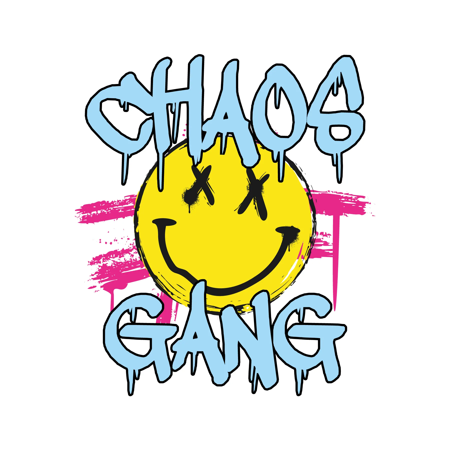 Blauer tropfender Schriftzug Chaos ueber gelbem Smiley mit Kreuzaugen und pinken Pinselstrichen im Hintergrund und Schriftzug Gang darunter