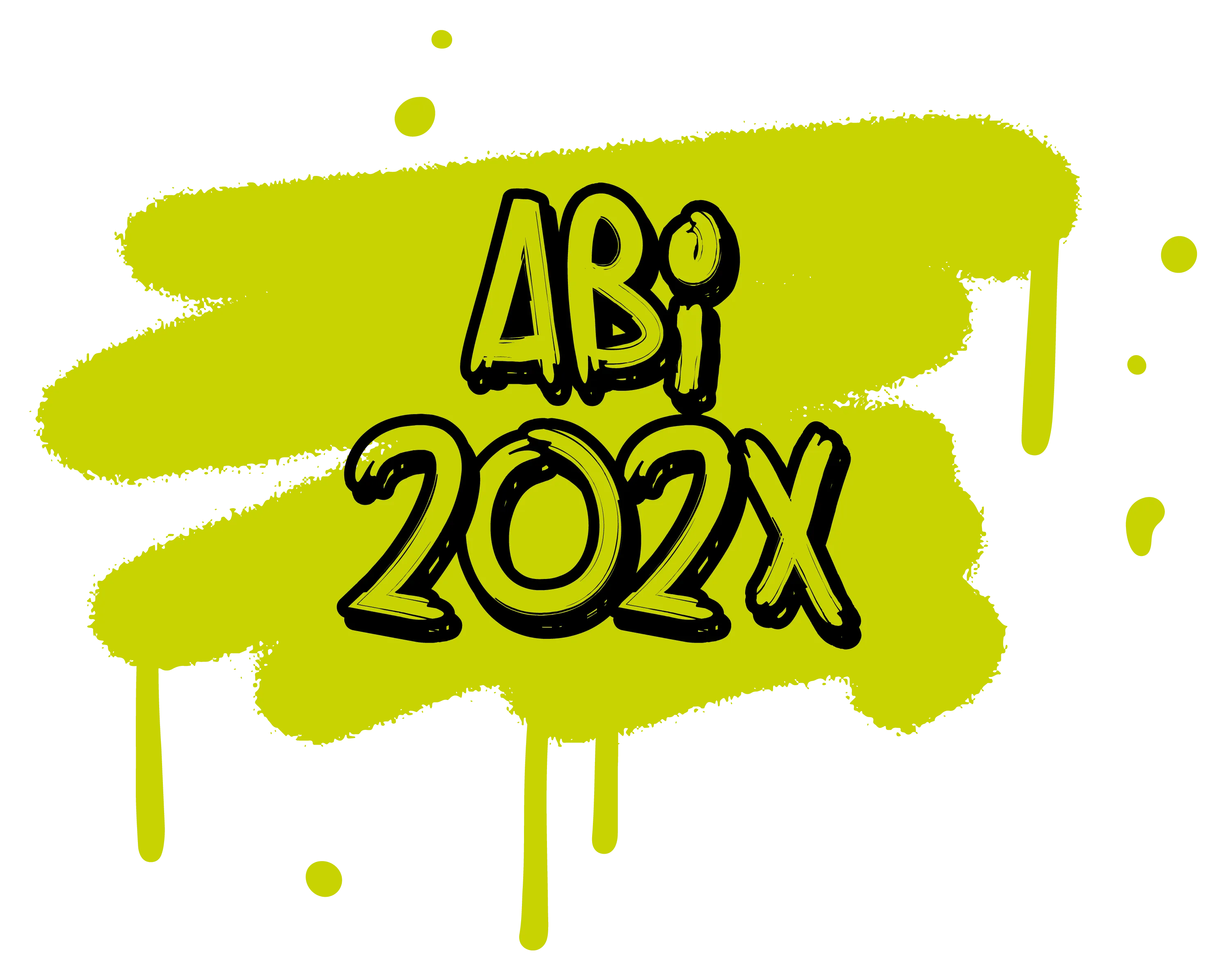grafik mit neon gruenem farbklecks und tropfen auf schwarzem hintergrund mit text abi 202x in graffiti stil