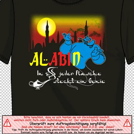 genie_zeichentrick_tshirt_design Alabin in jeder Flasche steck ein Genie design