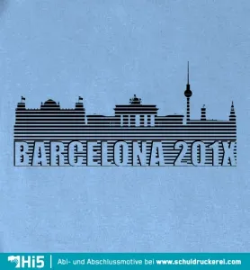 Schwarze Skyline von Barcelona mit "BARCELONA 2011" auf blauem Stoff.