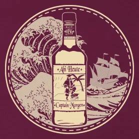 Schwarz-weiße Illustration einer Rumflasche mit Wellen und Schiffen im Hintergrund.