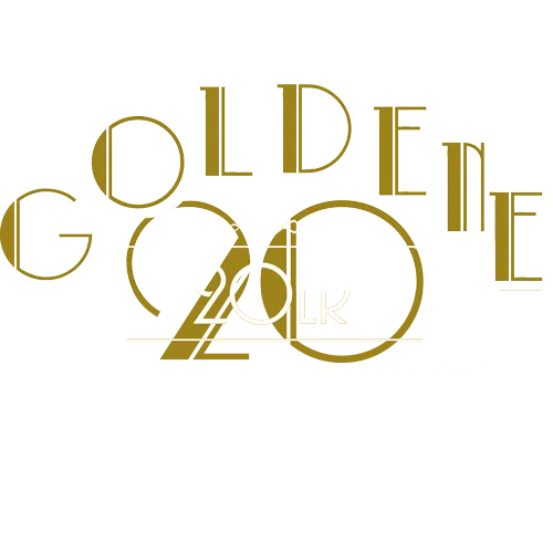 Schwarzes T-Shirt Design mit "Goldene 20er" Text, Deko-Elementen und Slogan "Mit uns der Boom, danach die Krise".