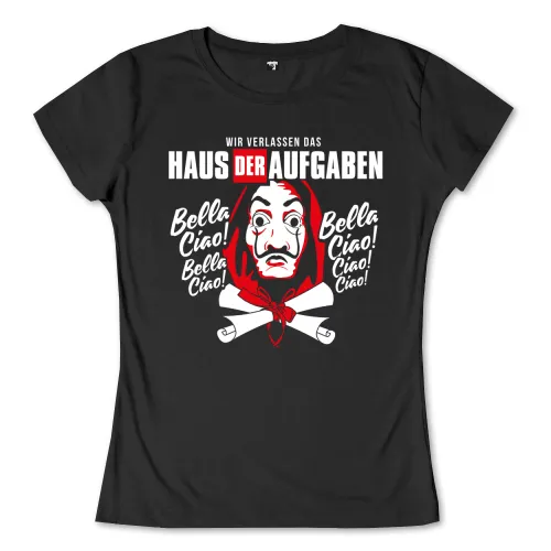 Schwarzes T-Shirt-Design mit weißer und roter Grafik, Darstellung einer maskierten Person und Text "Bella Ciao!" sowie "Wir verlassen das Haus der Aufgaben".
