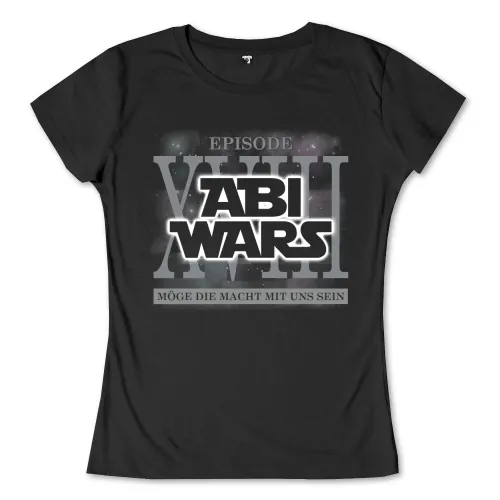 Grafik mit 'ABI WARS' in Großbuchstaben, 'Episode VIII', 'Möge die Macht mit uns sein' auf dunklem Sternenhintergrund.