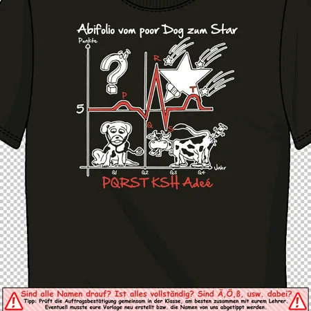 Illustration auf schwarzem T-Shirt mit Text und verschiedenen Grafiken wie Hund, Kuh, Herzfrequenz und Stern.
