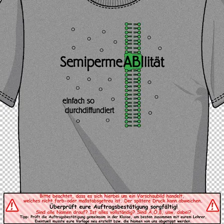 Design eines grauen T-Shirts mit einer Illustration eines grünen Reißverschlusses und dem Text "SemipermeABIlität".