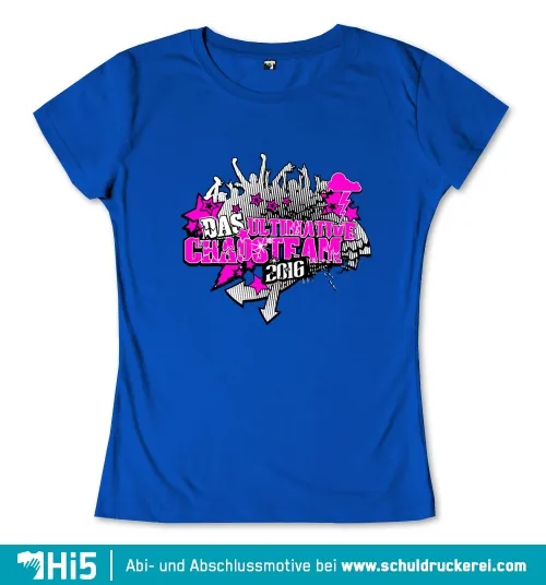 Design eines Abi-Motivs mit Text 'Das ultimative Chaos Team 2016' in Weiß und Pink auf blauem Hintergrund.