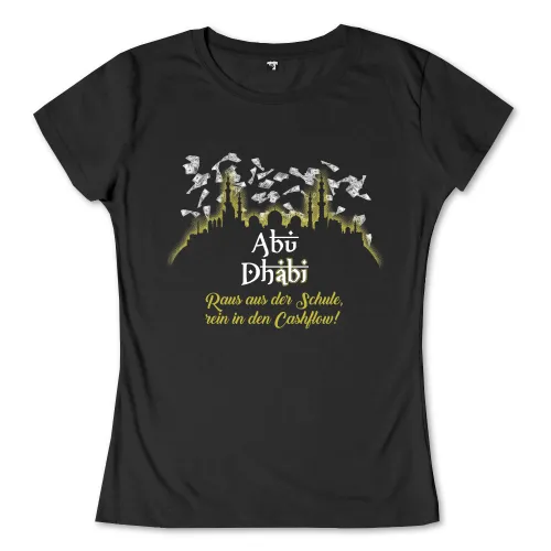 Silhouette einer Stadtlandschaft über Text 'Raus aus der Schule, rein in den Cashflow!' in Gold.