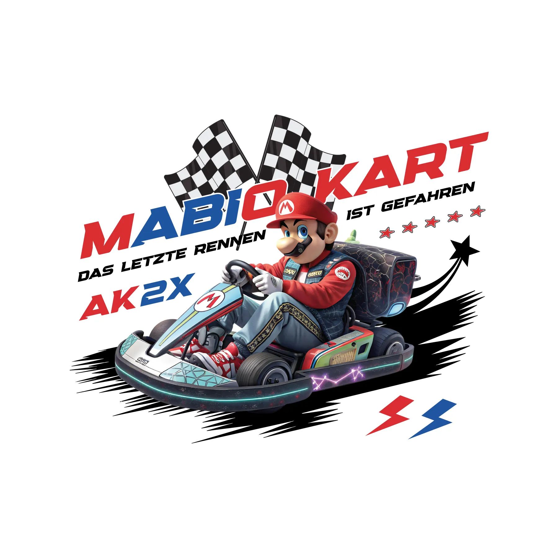 Videospielcharakter Mario in Renngokart vor zwei schwarzweiss karierten Zielflaggen und Schriftzug Mario Kart Das letzte Rennen ist gefahren