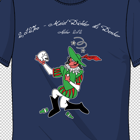 Dunkelblaues T-Shirt mit einem Karnevalsfest-Motiv, das eine lustige Figur in grün-roter Kleidung zeigt.