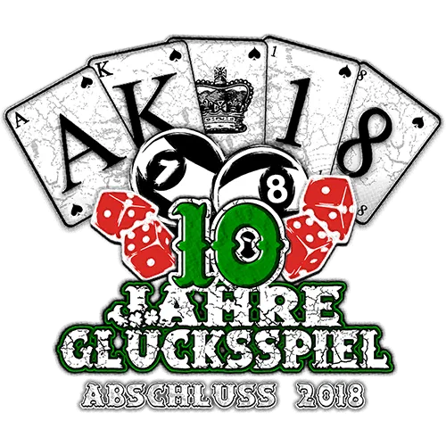 Grafik mit Spielkarten, Würfeln und Text "10 JAHRE GLÜCKSSPIEL ABSCHLUSS 2018" auf grünem Hintergrund.